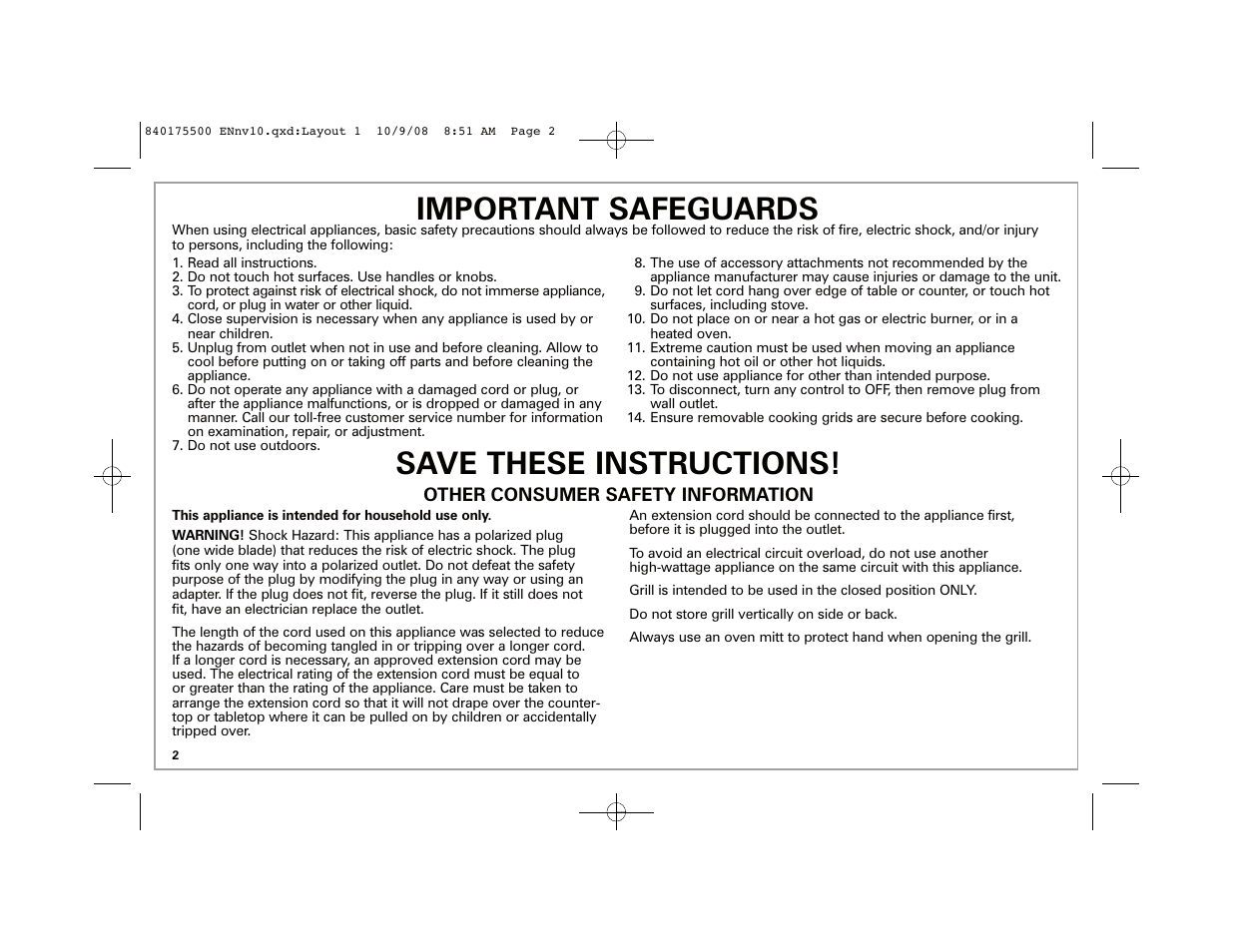 Save these instructions! important safeguards | Hamilton Beach Indoor Grill User Manual | Page 2 / 40