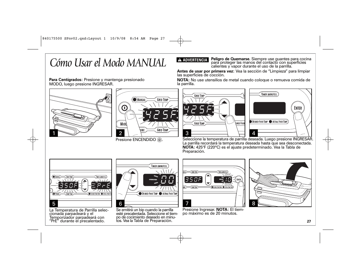 Cómo usar el modo manual | Hamilton Beach Indoor Grill User Manual | Page 27 / 40