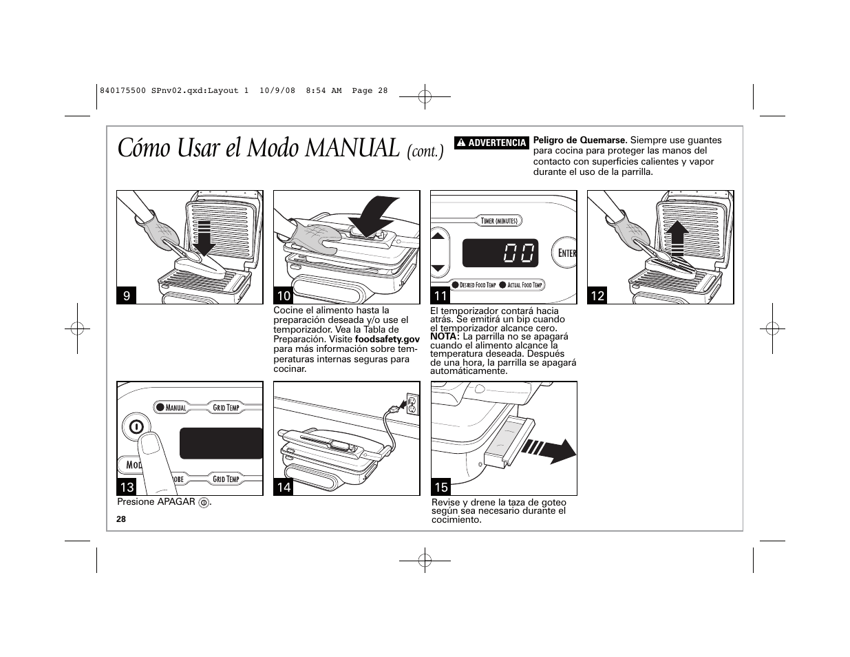 Cómo usar el modo manual, Cont.) | Hamilton Beach Indoor Grill User Manual | Page 28 / 40