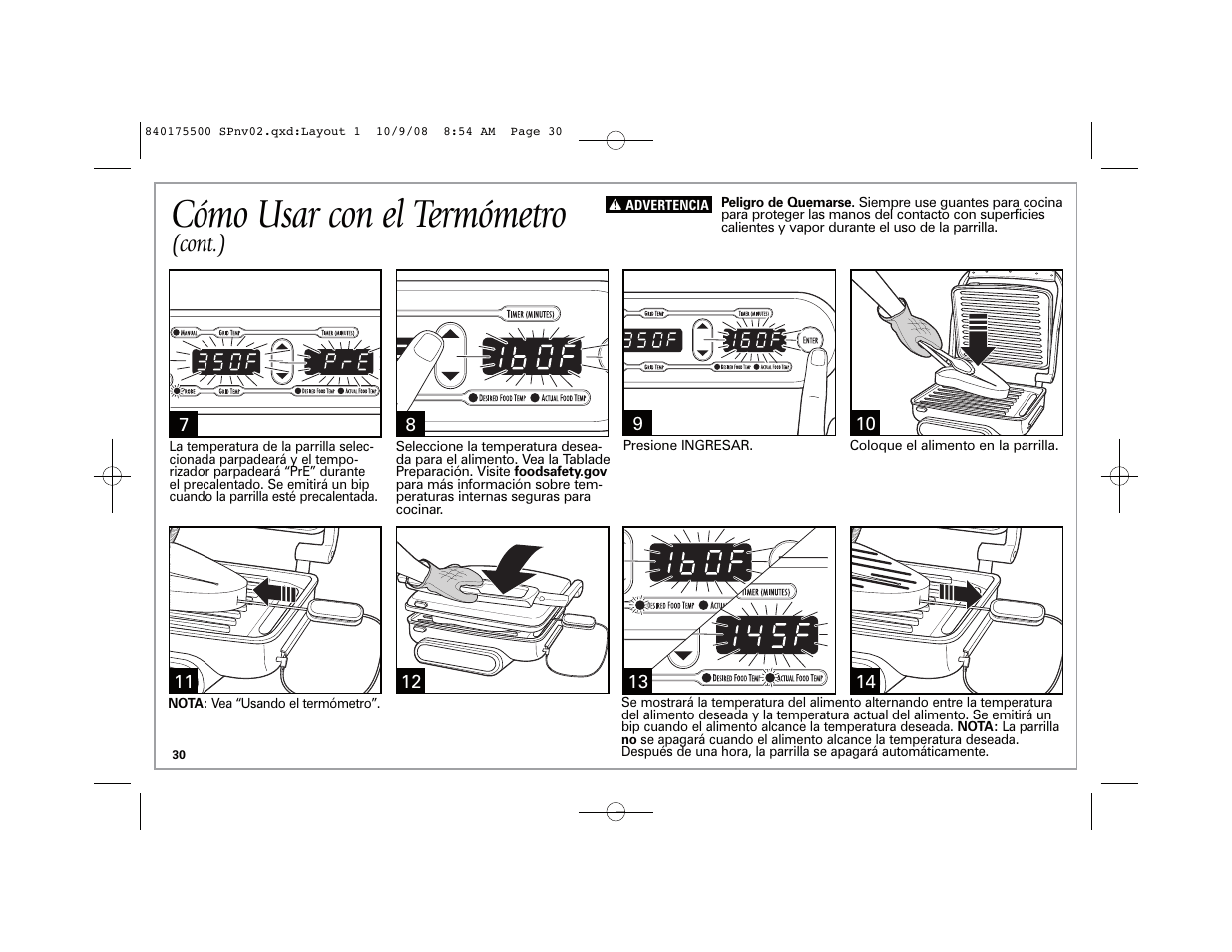 Cómo usar con el termómetro, Cont.) | Hamilton Beach Indoor Grill User Manual | Page 30 / 40