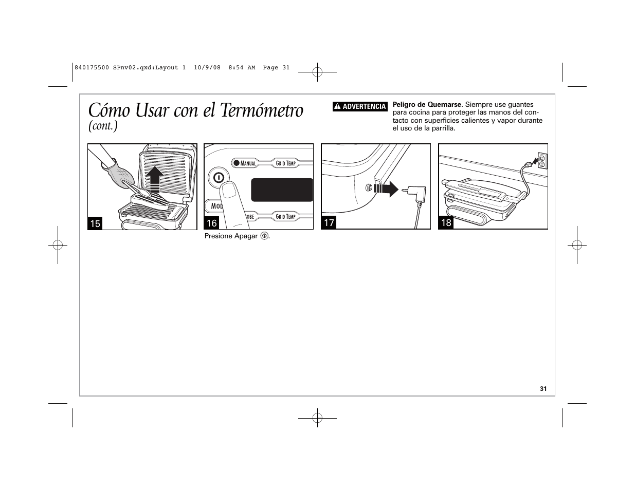 Cómo usar con el termómetro, Cont.) | Hamilton Beach Indoor Grill User Manual | Page 31 / 40