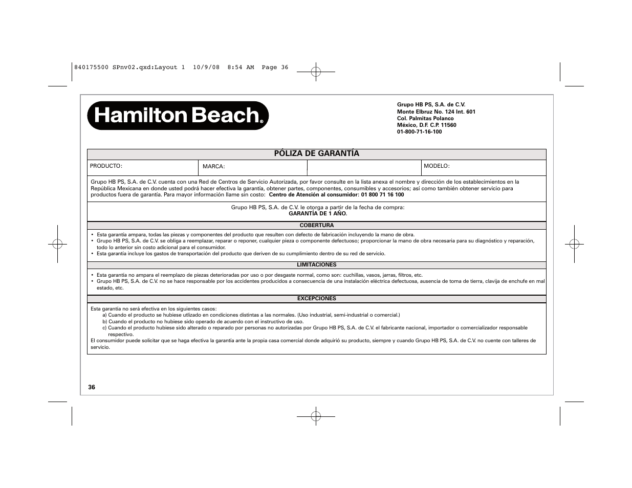 Póliza de garantía | Hamilton Beach Indoor Grill User Manual | Page 36 / 40