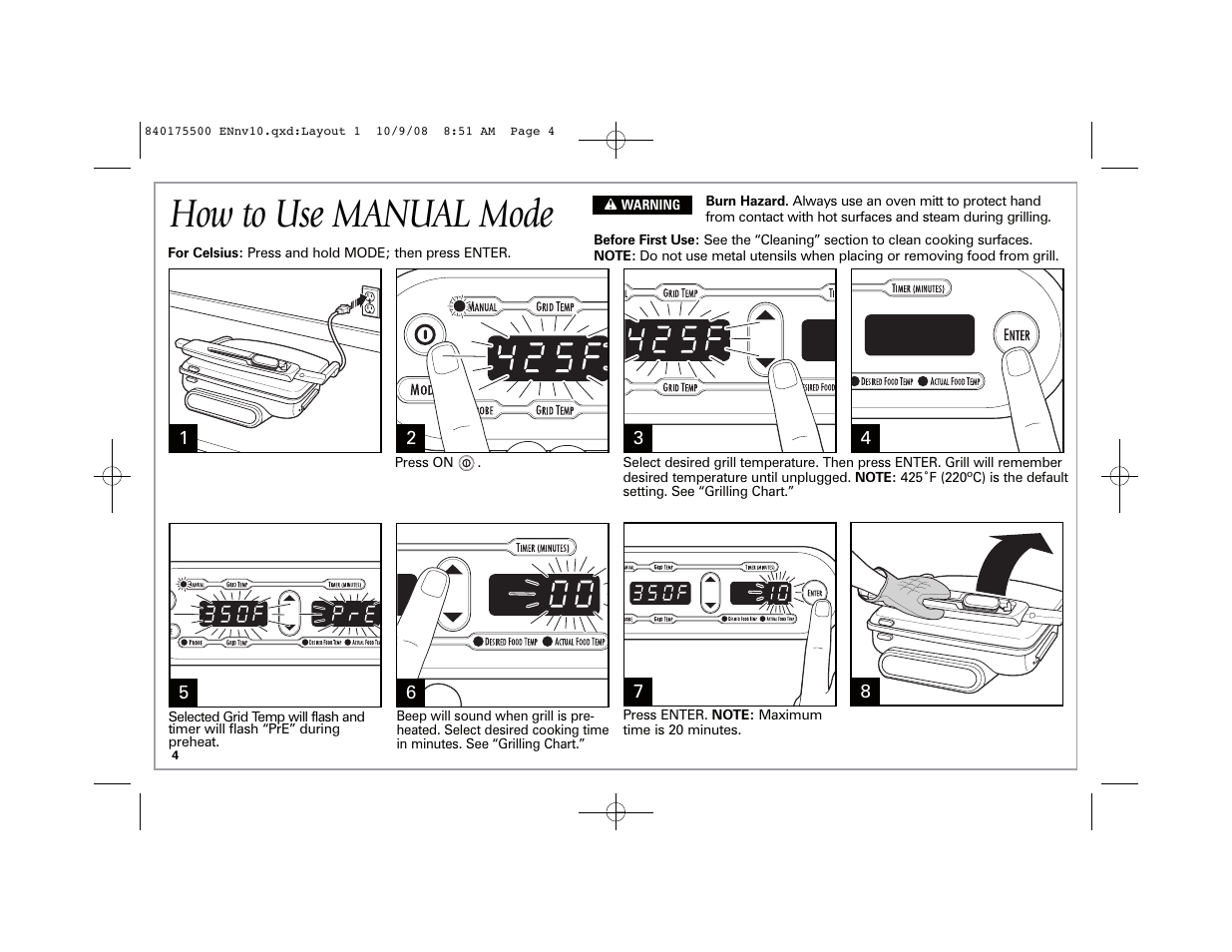 How to use manual mode | Hamilton Beach Indoor Grill User Manual | Page 4 / 40
