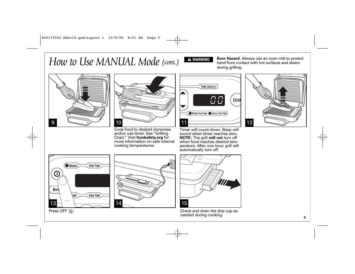 How to use manual mode, Cont.) | Hamilton Beach Indoor Grill User Manual | Page 5 / 40