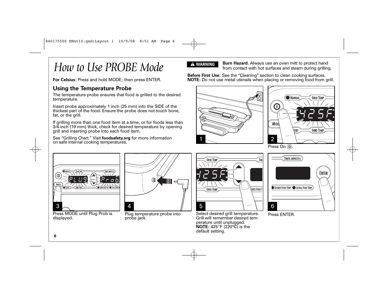 How to use probe mode | Hamilton Beach Indoor Grill User Manual | Page 6 / 40