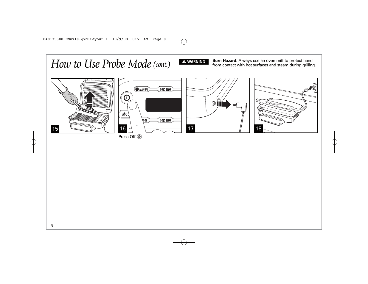 How to use probe mode, Cont.) | Hamilton Beach Indoor Grill User Manual | Page 8 / 40