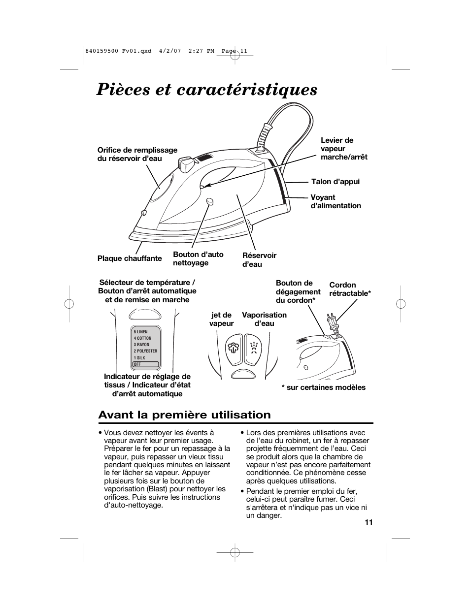 Pièces et caractéristiques, Avant la première utilisation | Hamilton Beach 840159500 User Manual | Page 11 / 28