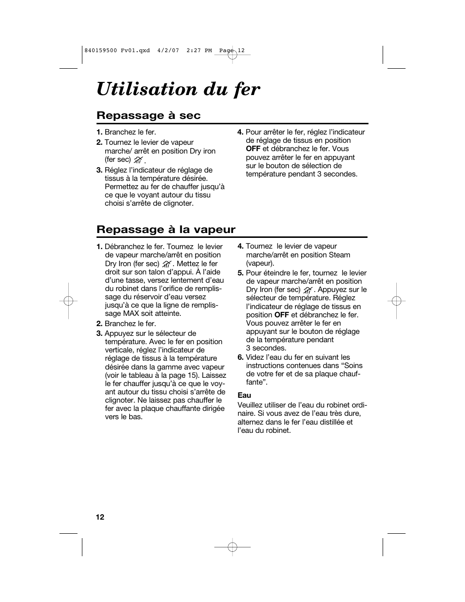 Utilisation du fer, Repassage à la vapeur repassage à sec | Hamilton Beach 840159500 User Manual | Page 12 / 28