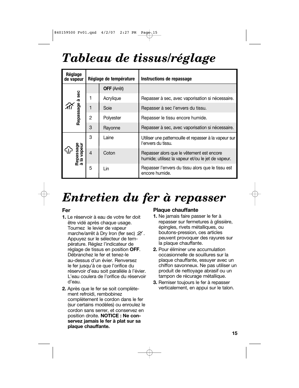 Tableau de tissus/réglage, Entretien du fer à repasser | Hamilton Beach 840159500 User Manual | Page 15 / 28