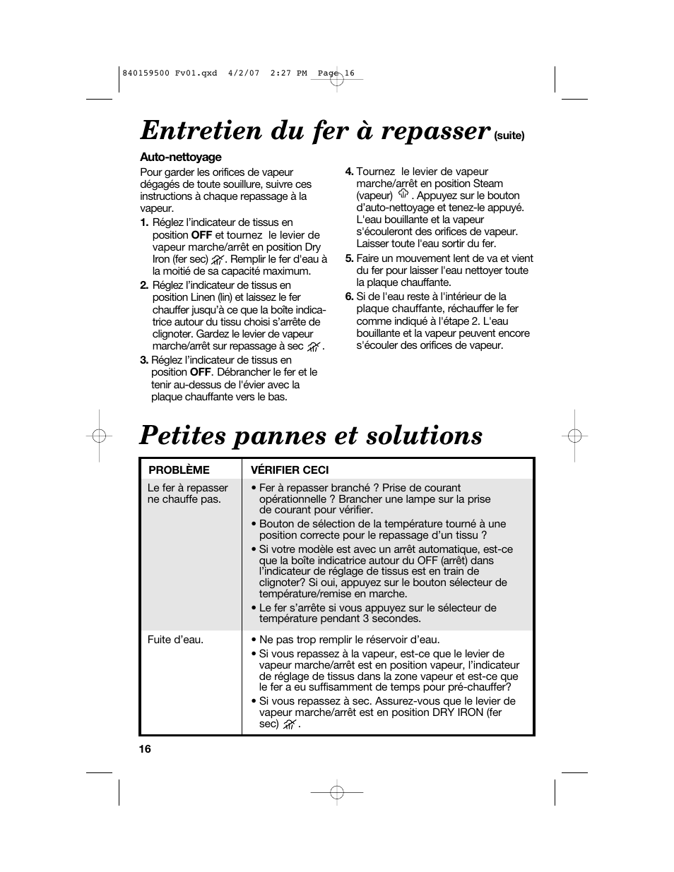 Entretien du fer à repasser, Petites pannes et solutions | Hamilton Beach 840159500 User Manual | Page 16 / 28