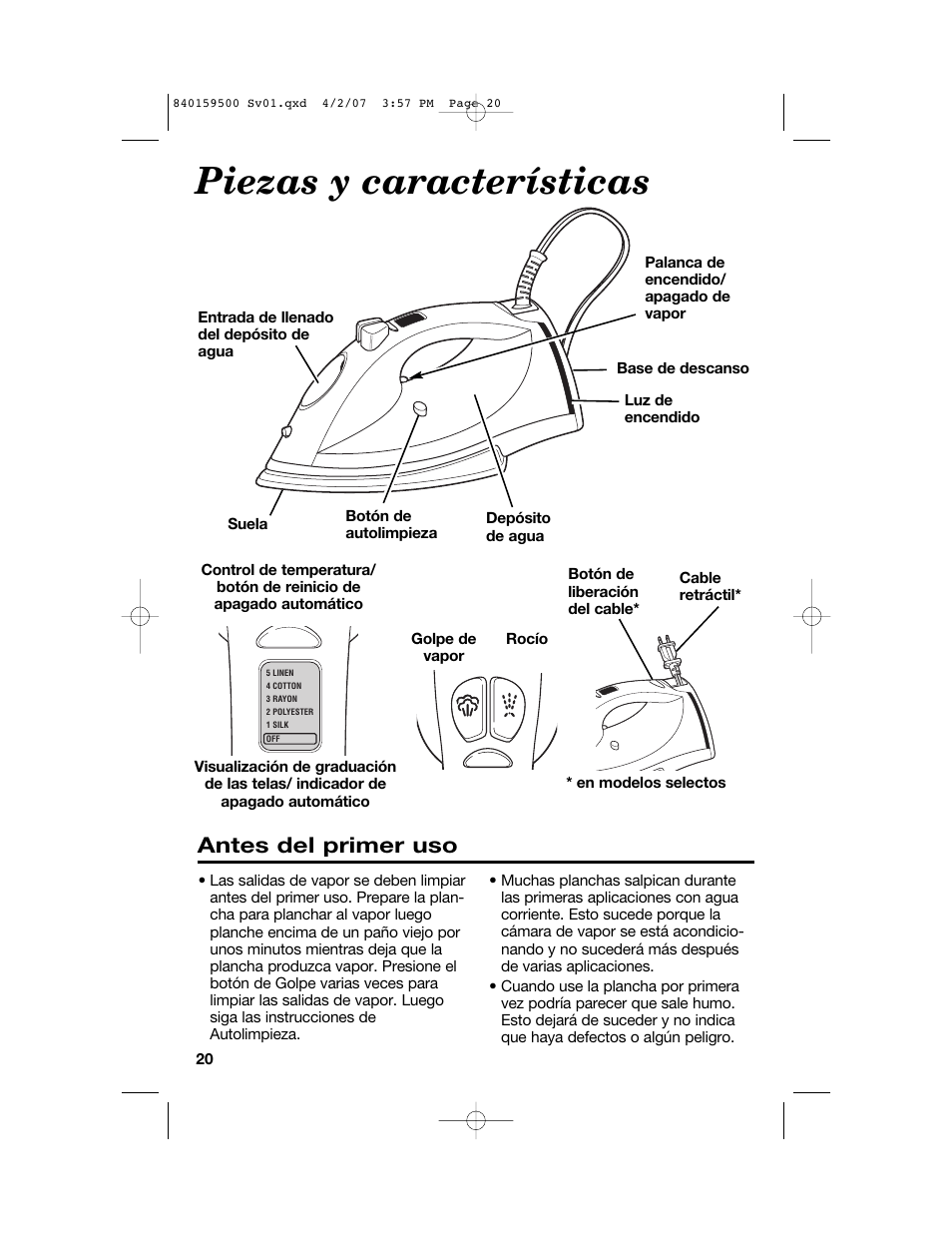 Piezas y características, Antes del primer uso | Hamilton Beach 840159500 User Manual | Page 20 / 28