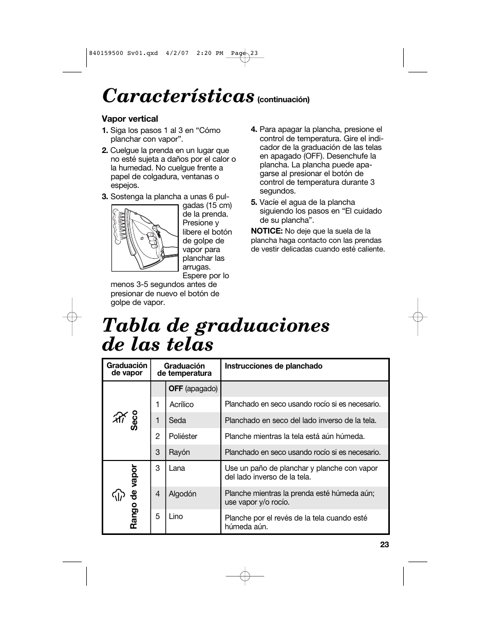 Tabla de graduaciones de las telas, Características | Hamilton Beach 840159500 User Manual | Page 23 / 28