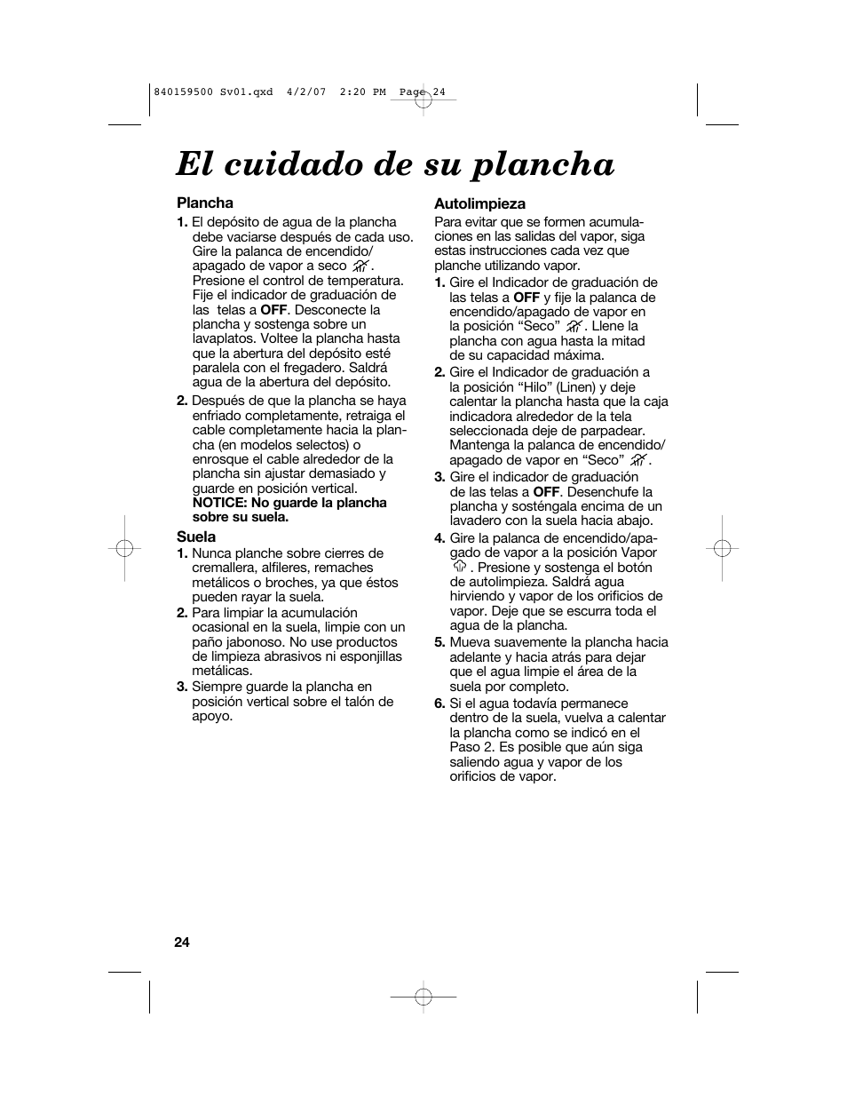 El cuidado de su plancha | Hamilton Beach 840159500 User Manual | Page 24 / 28