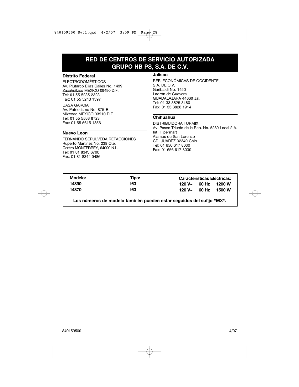 Hamilton Beach 840159500 User Manual | Page 28 / 28