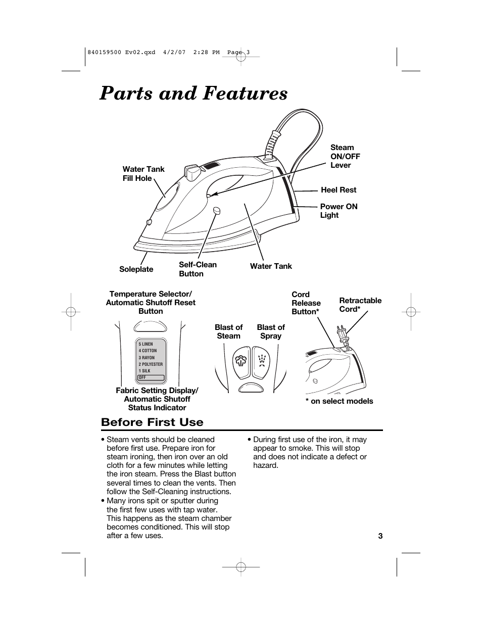 Parts and features, Before first use | Hamilton Beach 840159500 User Manual | Page 3 / 28