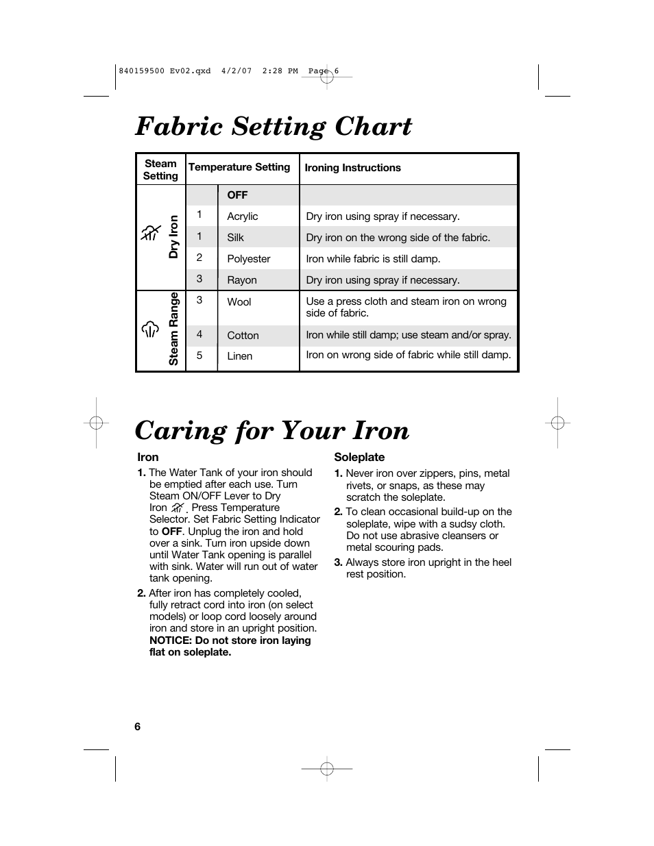 Fabric setting chart caring for your iron | Hamilton Beach 840159500 User Manual | Page 6 / 28