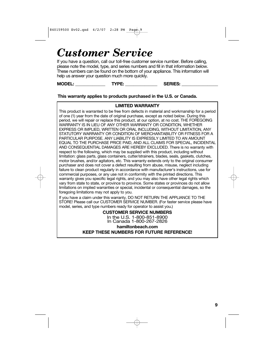 Customer service | Hamilton Beach 840159500 User Manual | Page 9 / 28