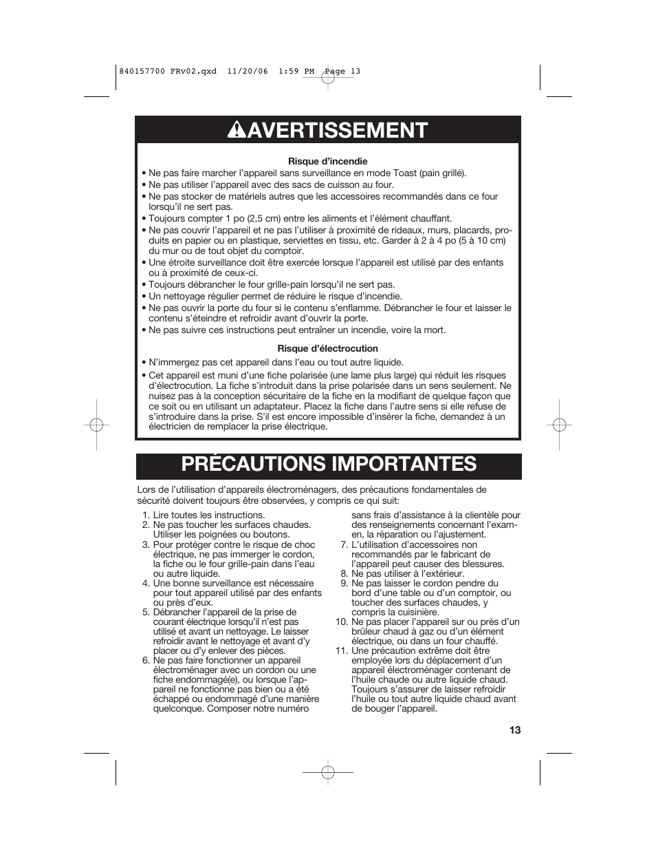 W avertissement, Précautions importantes | Hamilton Beach 31150C User Manual | Page 13 / 36