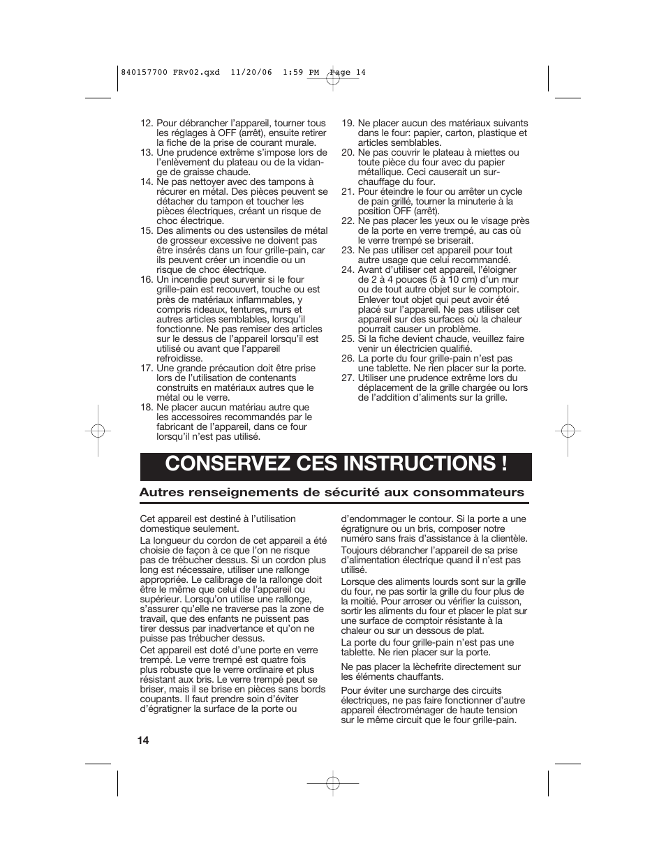 Conservez ces instructions | Hamilton Beach 31150C User Manual | Page 14 / 36