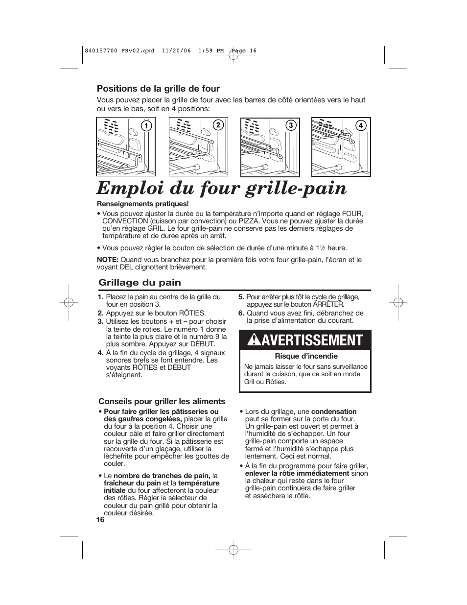 Emploi du four grille-pain, W avertissement | Hamilton Beach 31150C User Manual | Page 16 / 36
