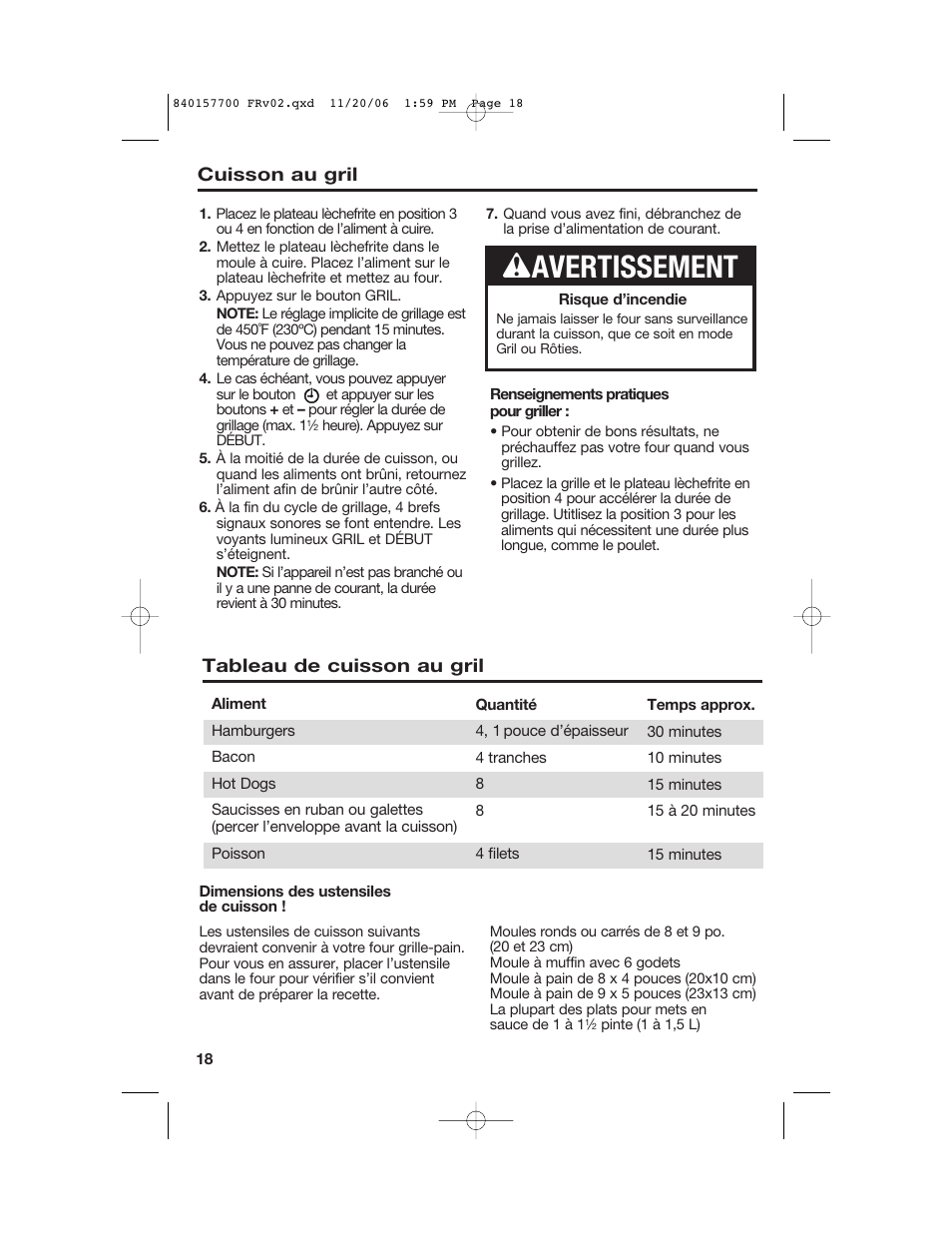 W avertissement, Cuisson au gril, Tableau de cuisson au gril | Hamilton Beach 31150C User Manual | Page 18 / 36