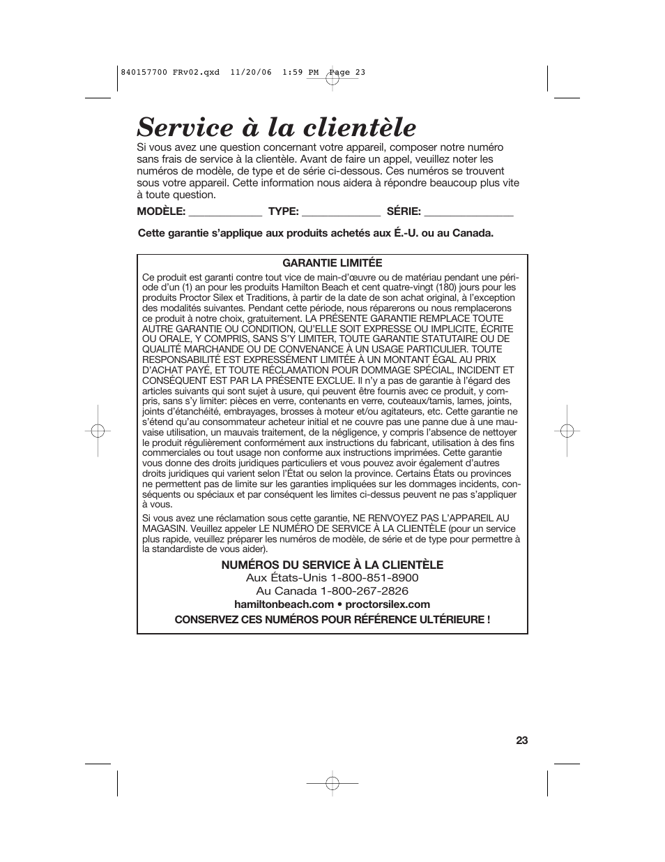 Service à la clientèle | Hamilton Beach 31150C User Manual | Page 23 / 36