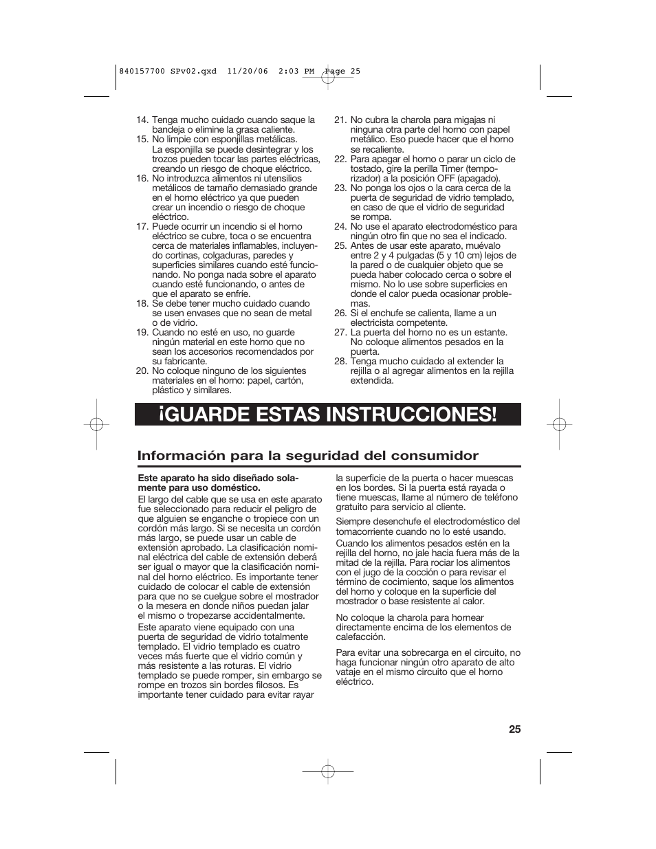 Guarde estas instrucciones, Información para la seguridad del consumidor | Hamilton Beach 31150C User Manual | Page 25 / 36