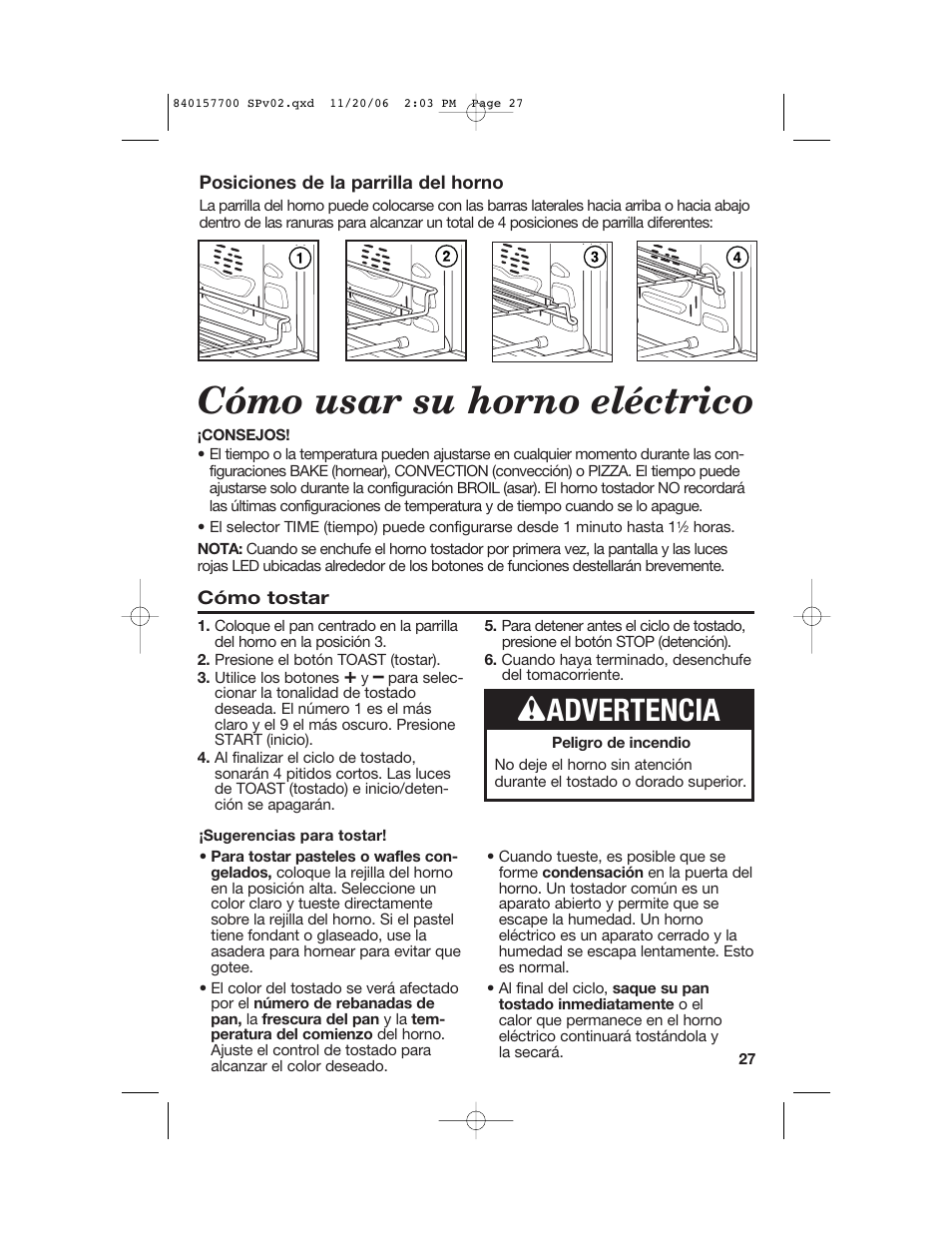 Cómo usar su horno eléctrico, W advertencia | Hamilton Beach 31150C User Manual | Page 27 / 36