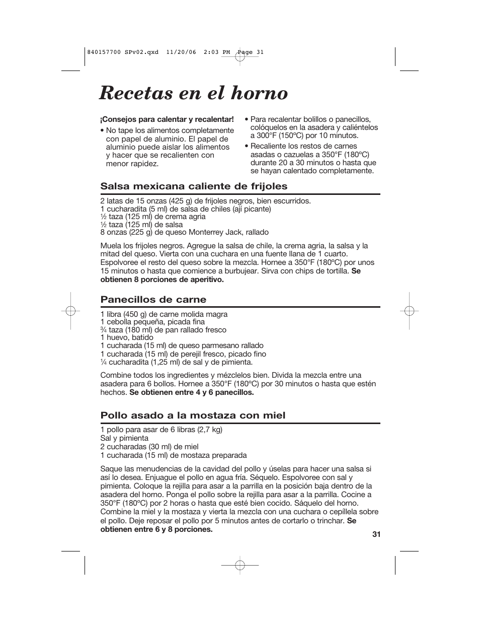 Recetas en el horno, Salsa mexicana caliente de frijoles, Panecillos de carne | Pollo asado a la mostaza con miel | Hamilton Beach 31150C User Manual | Page 31 / 36