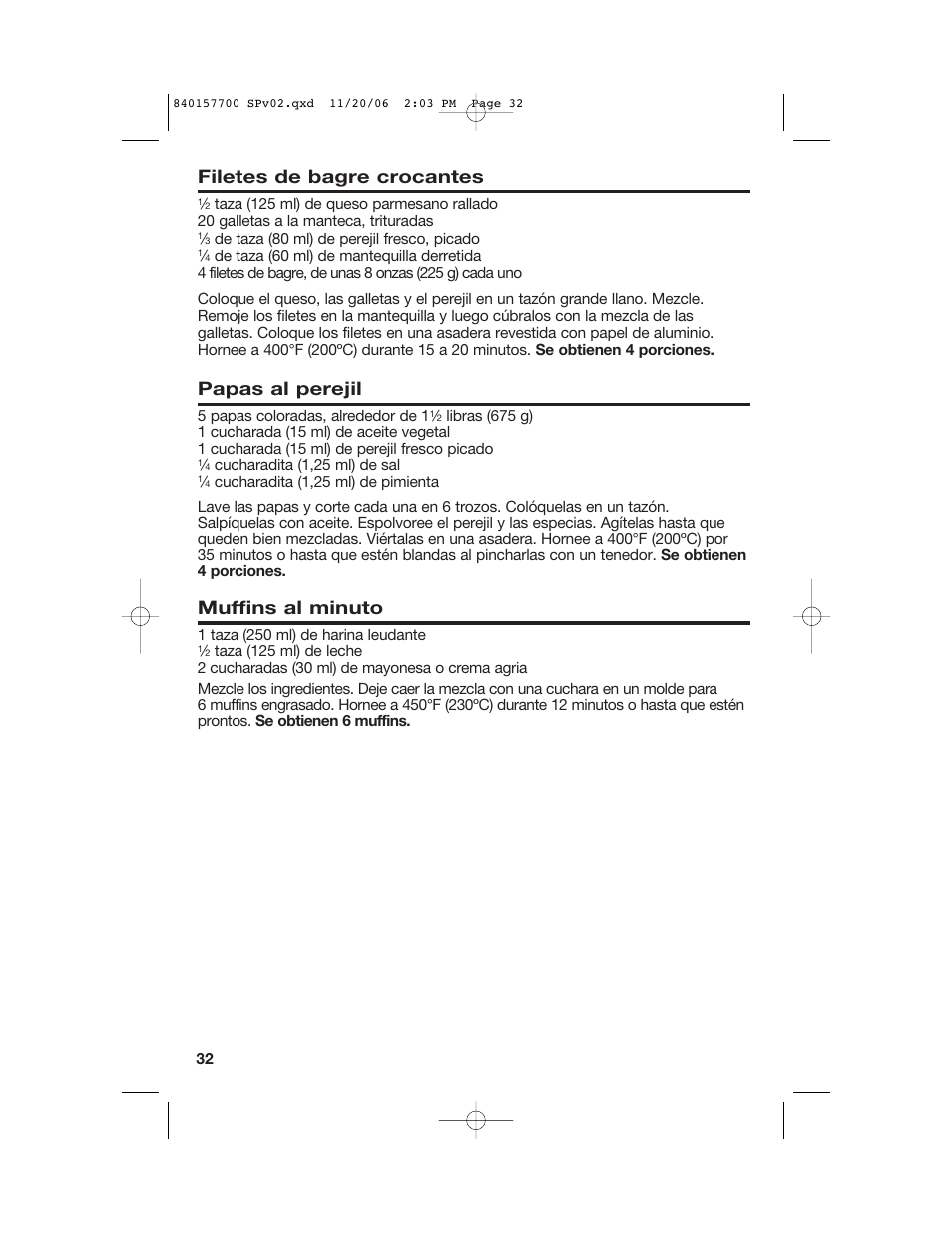 Filetes de bagre crocantes, Papas al perejil, Muffins al minuto | Hamilton Beach 31150C User Manual | Page 32 / 36