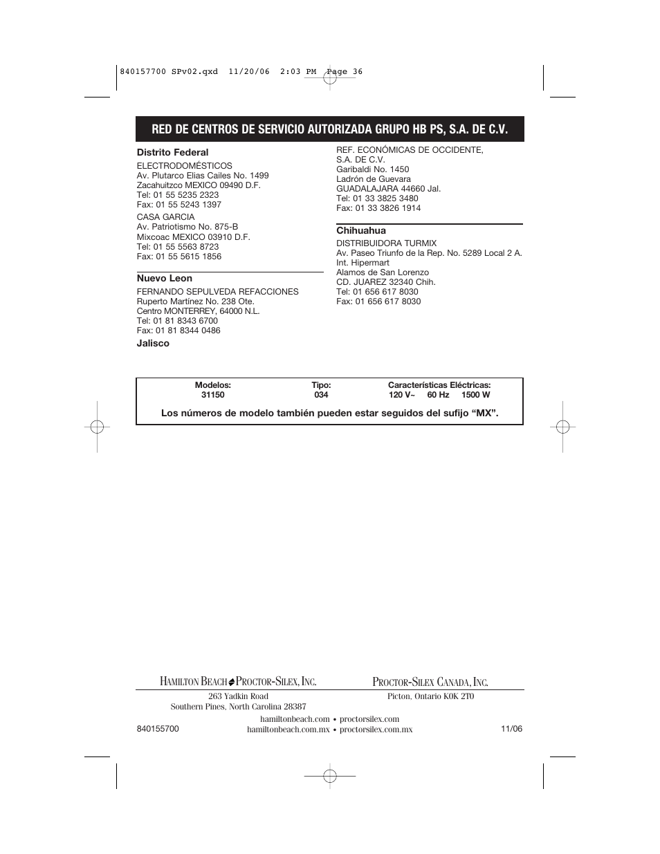 Hamilton Beach 31150C User Manual | Page 36 / 36