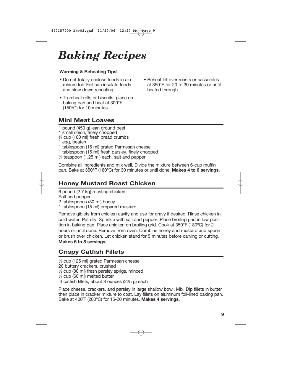 Baking recipes, Mini meat loaves, Honey mustard roast chicken | Crispy catfish fillets | Hamilton Beach 31150C User Manual | Page 9 / 36