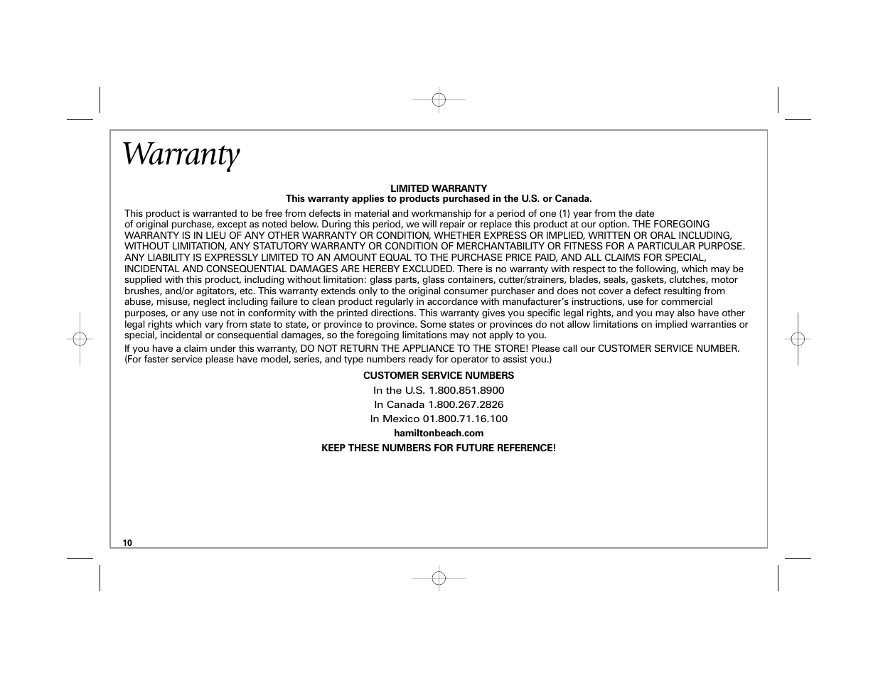 Warranty | Hamilton Beach Easy Touch Iron User Manual | Page 10 / 32