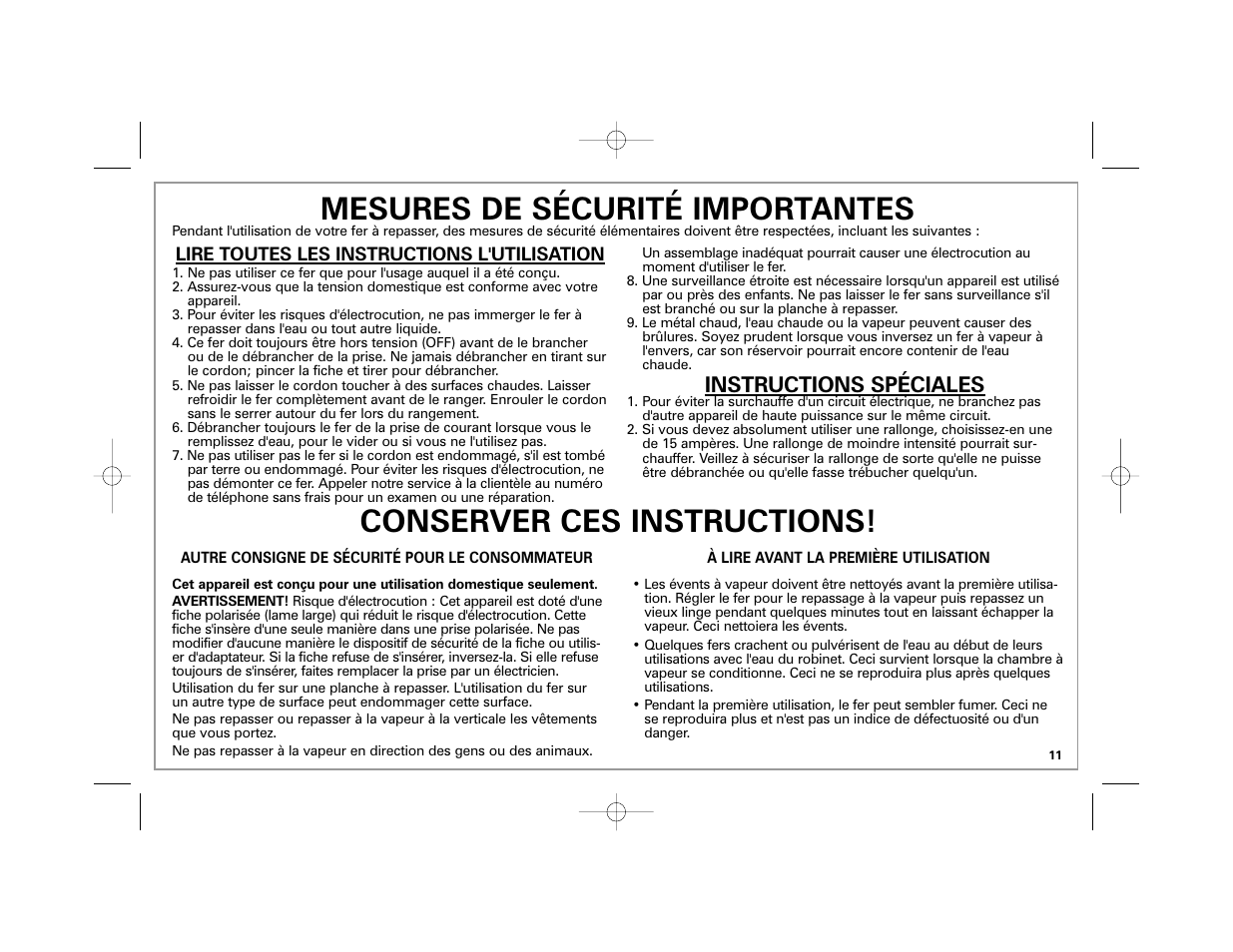 Instructions spéciales | Hamilton Beach Easy Touch Iron User Manual | Page 11 / 32