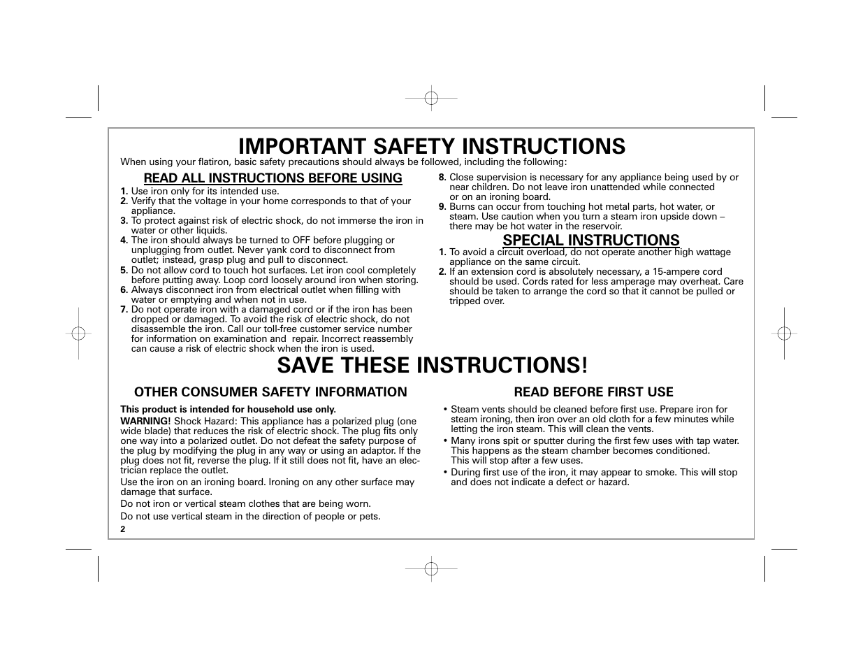 Special instructions | Hamilton Beach Easy Touch Iron User Manual | Page 2 / 32