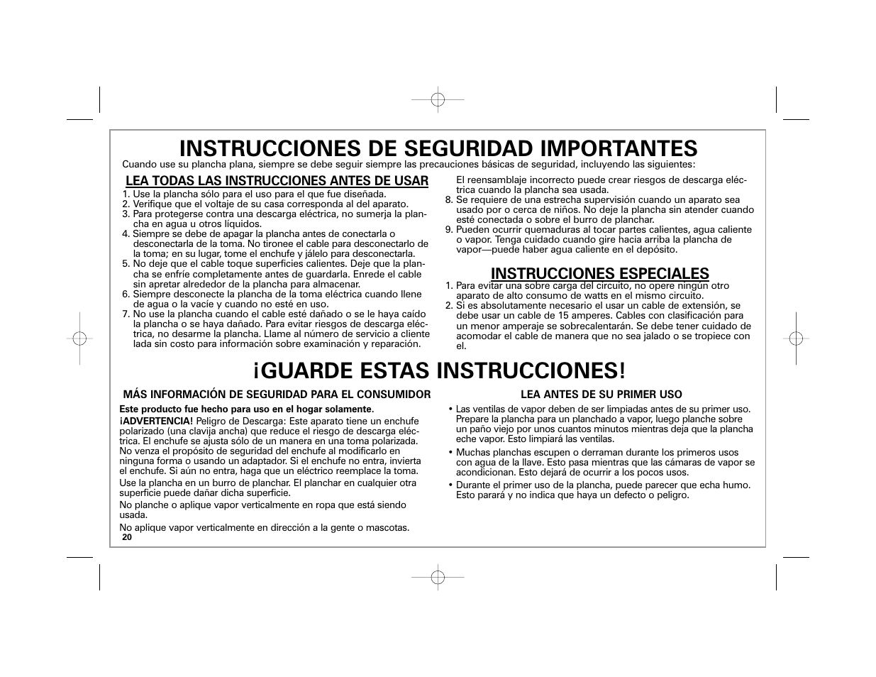 Instrucciones especiales | Hamilton Beach Easy Touch Iron User Manual | Page 20 / 32