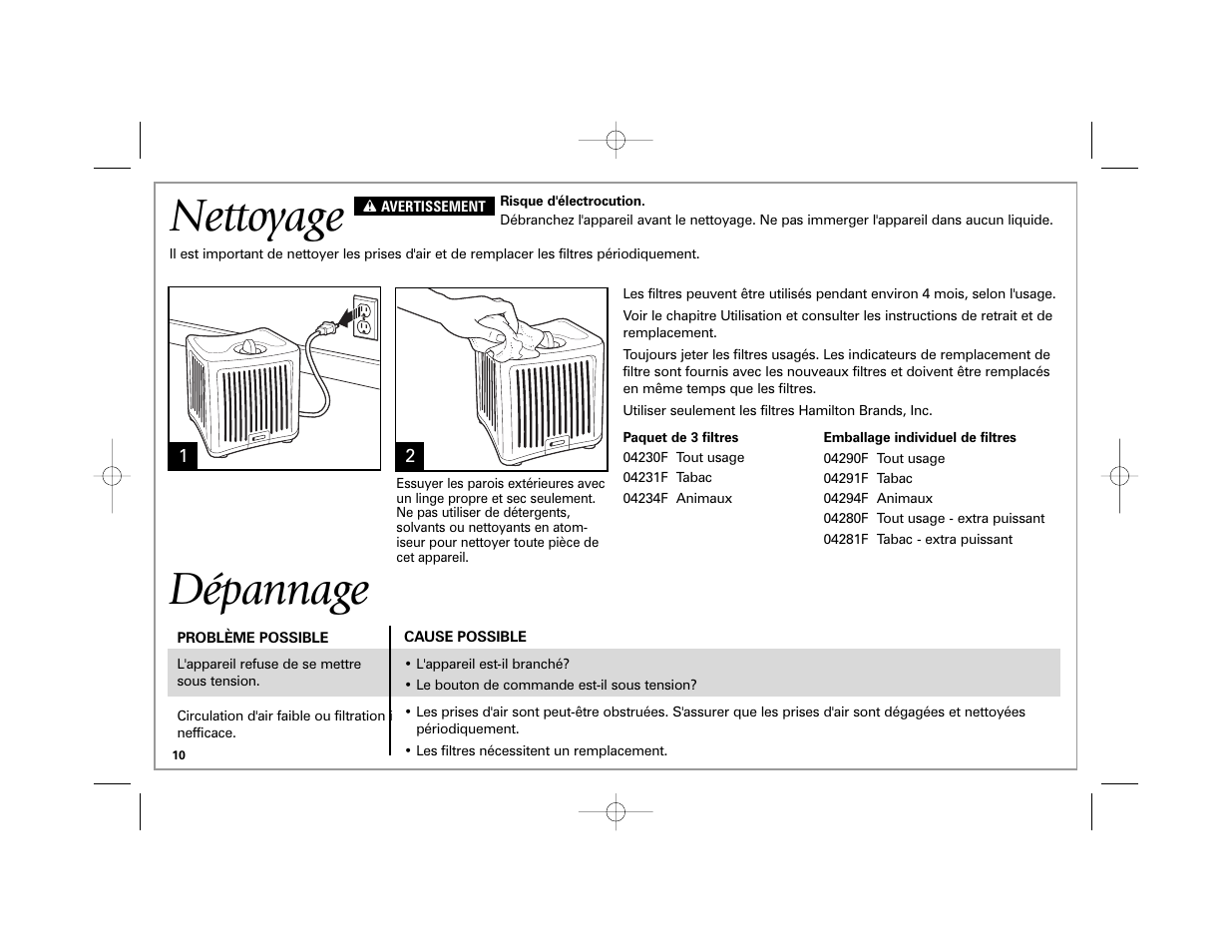 Nettoyage, Dépannage | Hamilton Beach TrueAir User Manual | Page 10 / 20