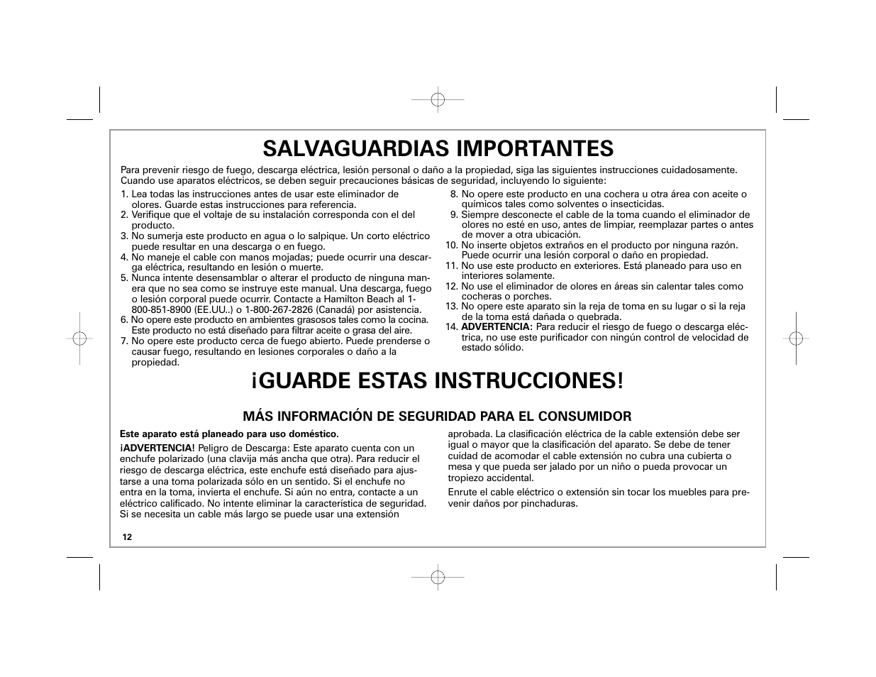 Salvaguardias importantes, Guarde estas instrucciones | Hamilton Beach TrueAir User Manual | Page 12 / 20