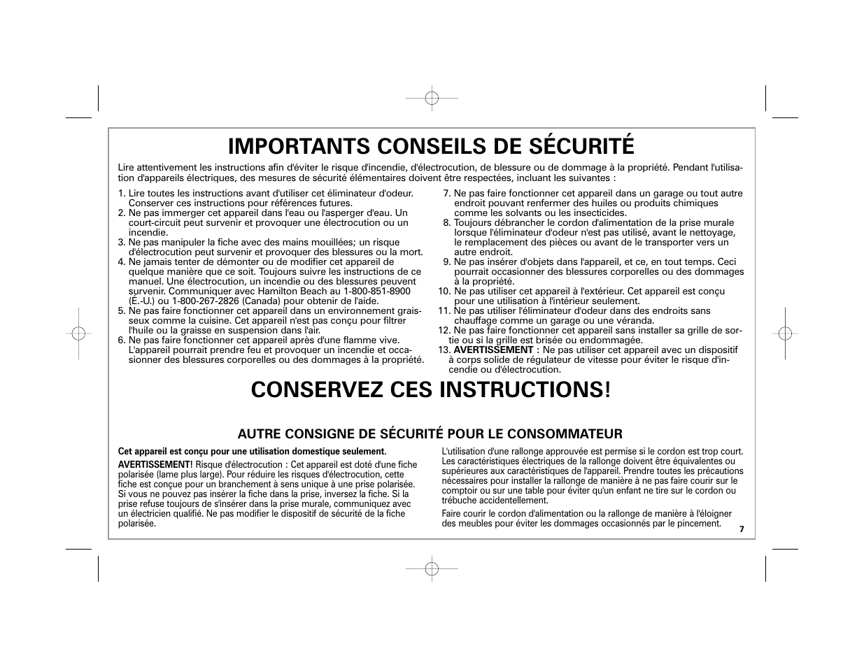 Importants conseils de sécurité, Conservez ces instructions | Hamilton Beach TrueAir User Manual | Page 7 / 20