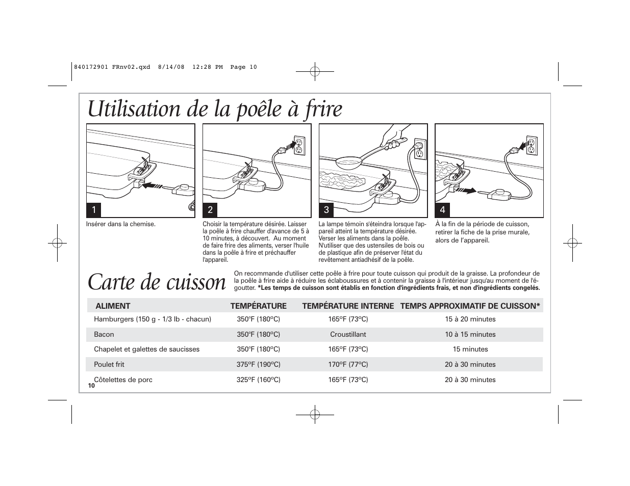 Utilisation de la poêle à frire, Carte de cuisson | Hamilton Beach 38540C SK03 120 V~ 60 Hz 1500 W User Manual | Page 10 / 20