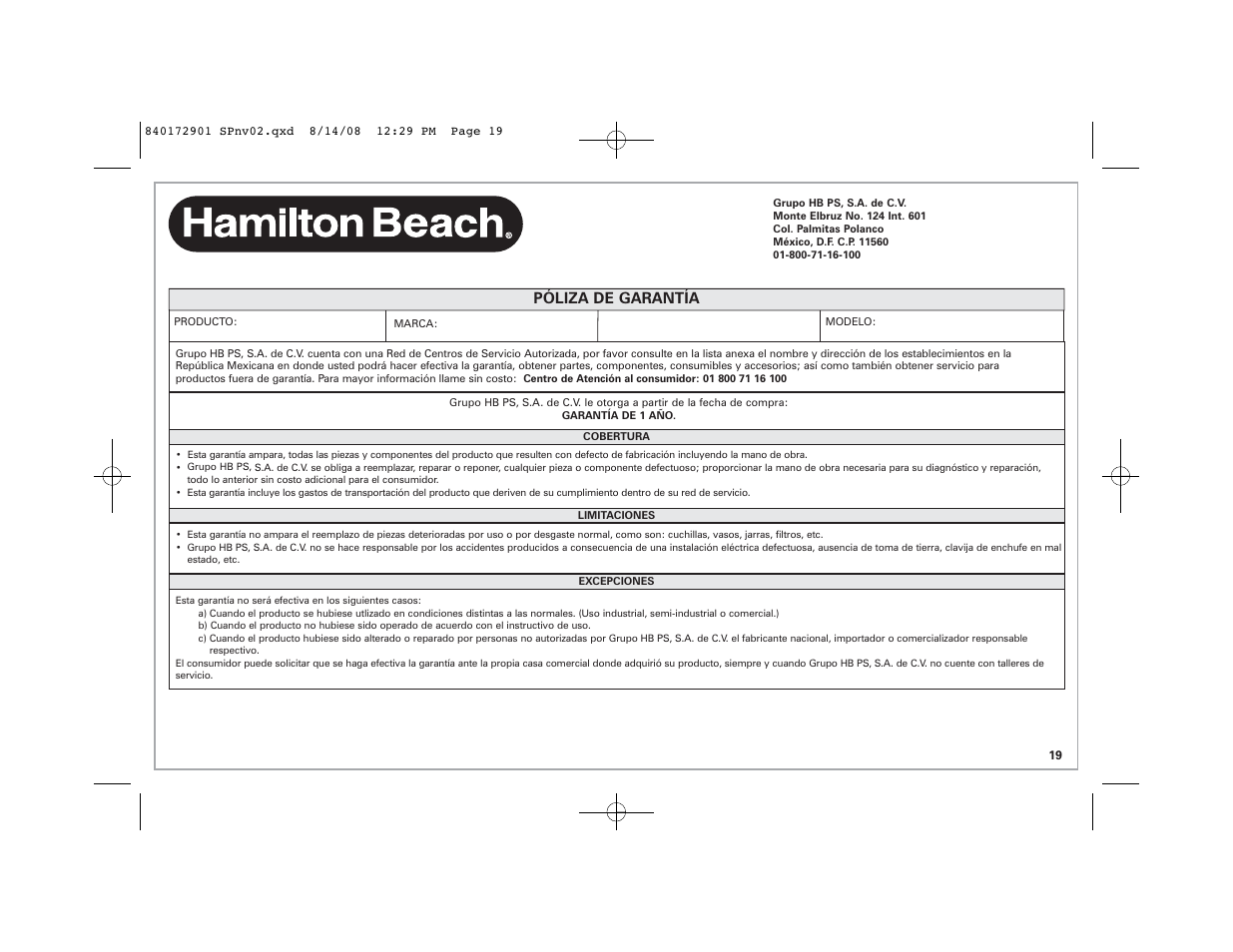 Póliza de garantía | Hamilton Beach 38540C SK03 120 V~ 60 Hz 1500 W User Manual | Page 19 / 20