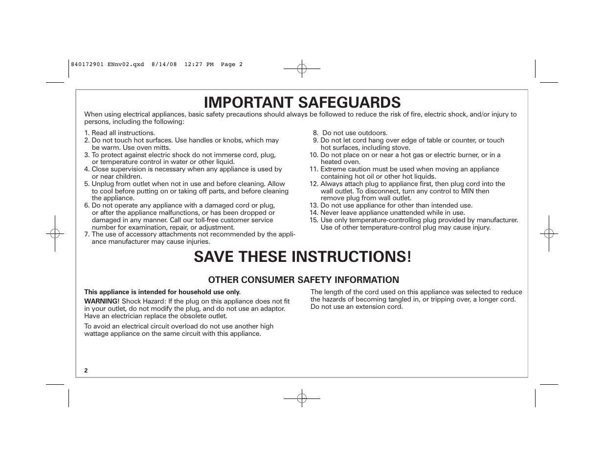 Save these instructions! important safeguards | Hamilton Beach 38540C SK03 120 V~ 60 Hz 1500 W User Manual | Page 2 / 20