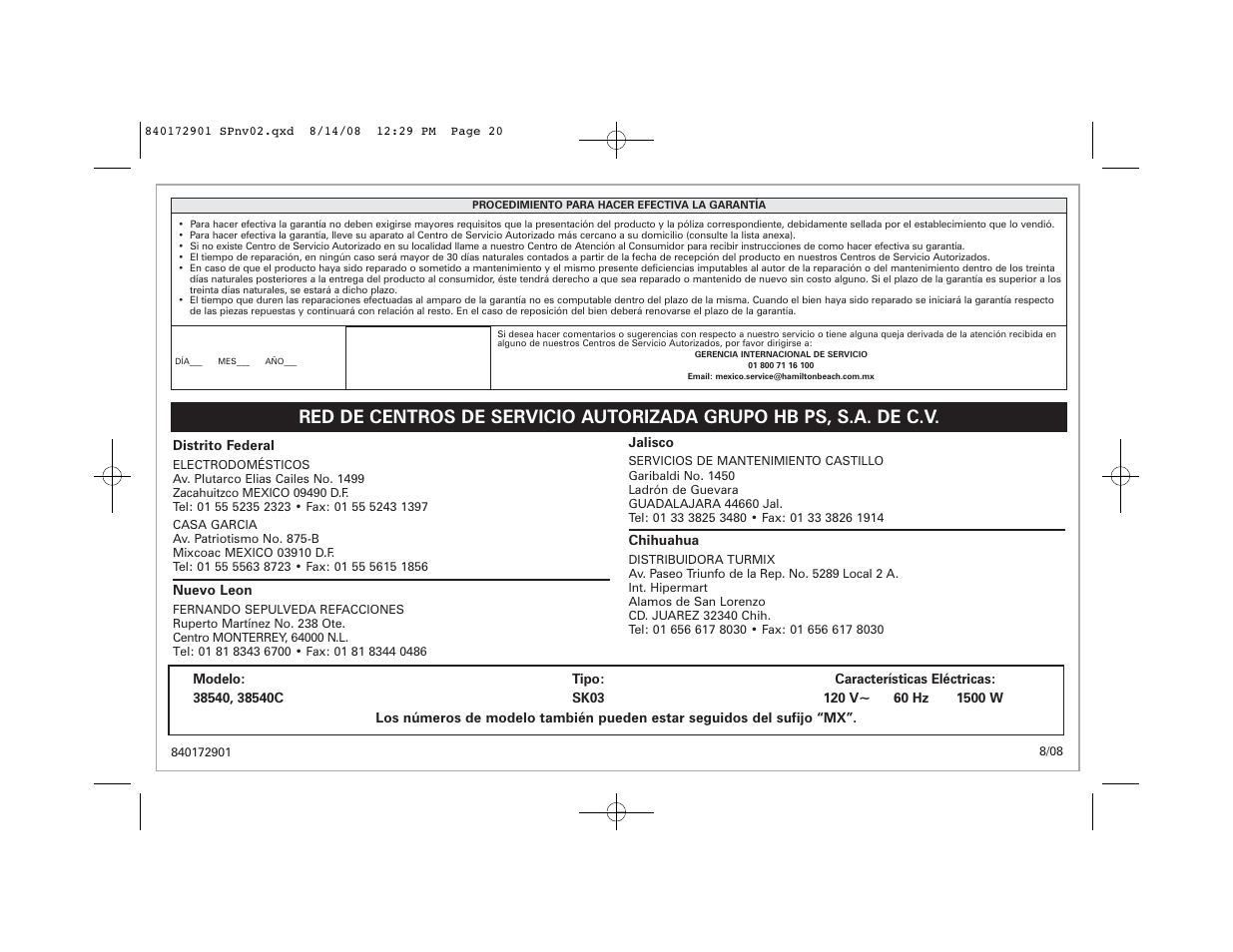 Hamilton Beach 38540C SK03 120 V~ 60 Hz 1500 W User Manual | Page 20 / 20