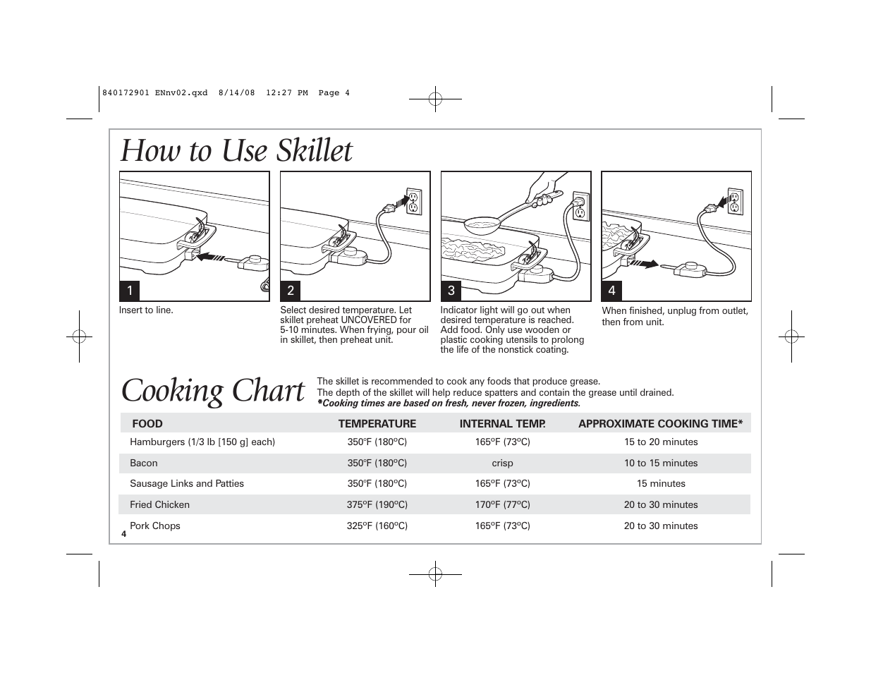 How to use skillet, Cooking chart | Hamilton Beach 38540C SK03 120 V~ 60 Hz 1500 W User Manual | Page 4 / 20