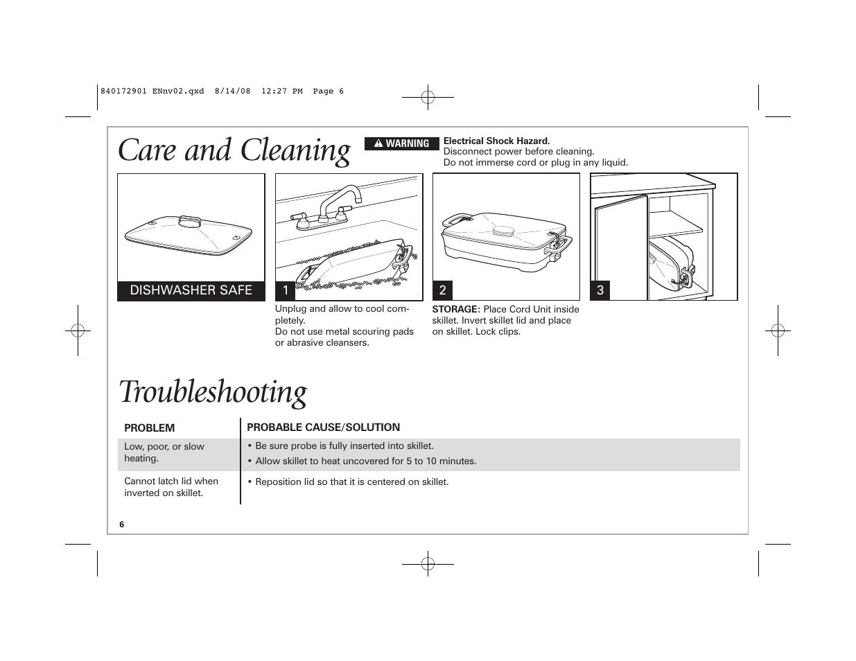 Care and cleaning, Troubleshooting | Hamilton Beach 38540C SK03 120 V~ 60 Hz 1500 W User Manual | Page 6 / 20