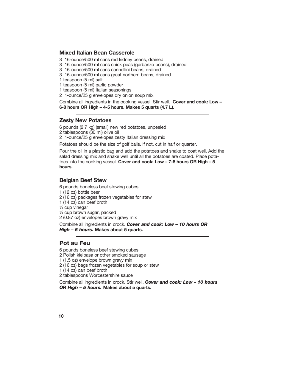 Mixed italian bean casserole, Zesty new potatoes, Belgian beef stew | Pot au feu | Hamilton Beach 840133300 User Manual | Page 10 / 13