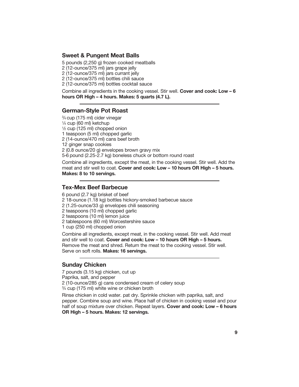 Sweet & pungent meat balls, German-style pot roast, Tex-mex beef barbecue | Sunday chicken | Hamilton Beach 840133300 User Manual | Page 9 / 13