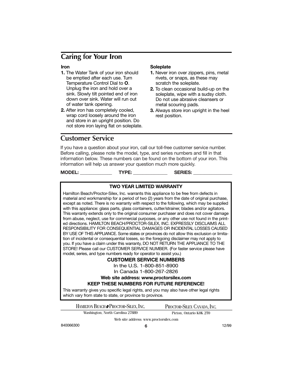 Customer service, Caring for your iron | Hamilton Beach 840066300 User Manual | Page 6 / 6