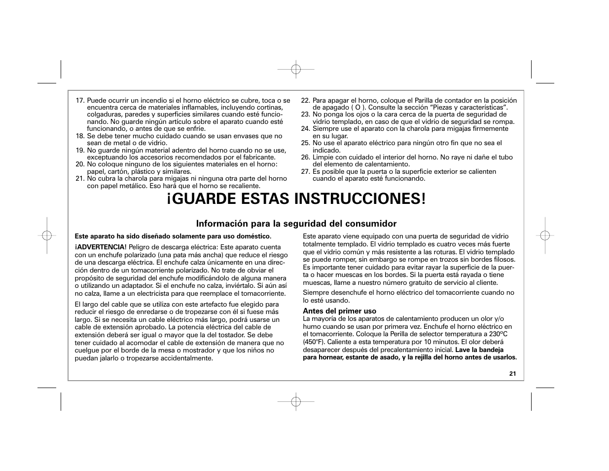 Guarde estas instrucciones, Información para la seguridad del consumidor | Hamilton Beach 31507 User Manual | Page 21 / 32