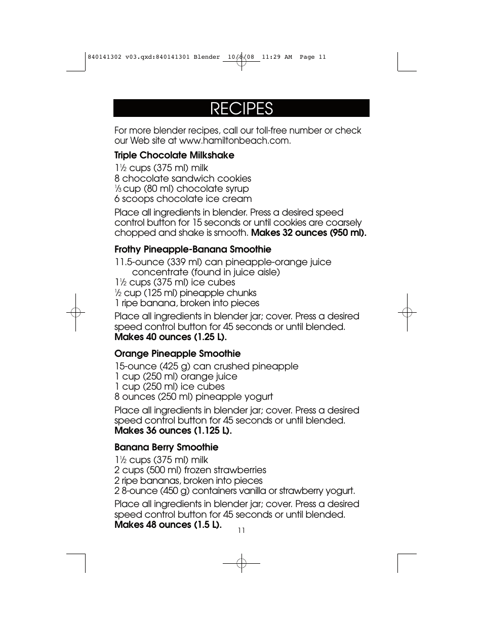 Recipes | Hamilton Beach 840141302 User Manual | Page 11 / 16